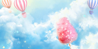 蓝色唯美热气球天空云朵棉花糖六一儿童节展板背景六一61儿童节
